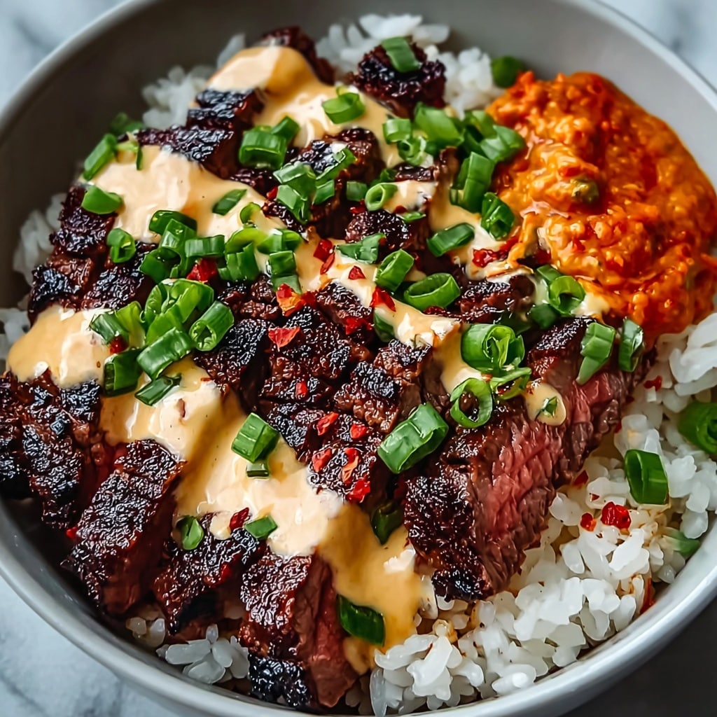 A white bowl filled with a base layer of soft white rice with a slightly sticky texture. On top, there are several thick slices of grilled steak with a dark, charred crust and a juicy, reddish center visible in the cuts. Drizzled over the steak are two sauces: one is a thick, creamy light beige sauce with small red specks, and the other is a chunky, bright orange sauce placed near the edge of the steak slices. Fresh green chopped scallions are scattered on top, adding a pop of vibrant green color and freshness. The bowl sits on a white marbled surface. Photo taken with an iphone --v 7
