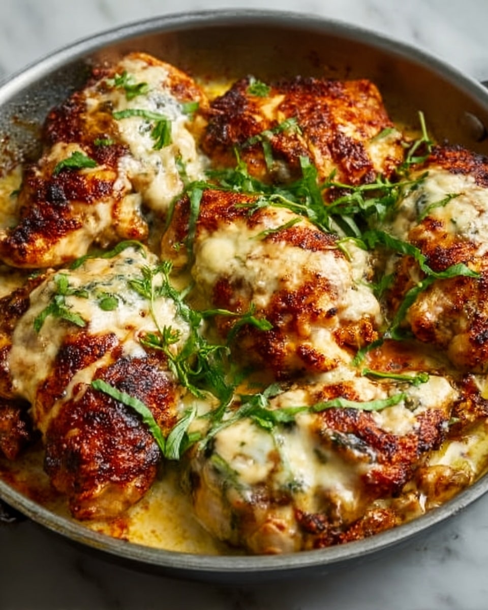 A skillet is filled with several pieces of cooked chicken topped with melted cheese that has a light golden-brown color. The chicken skin looks crispy with a mix of deep brown and reddish tones from spices. Fresh green herbs are sprinkled on top, adding a touch of color. The skillet sits on a white marbled background. Photo taken with an iphone --ar 4:5 --v 7