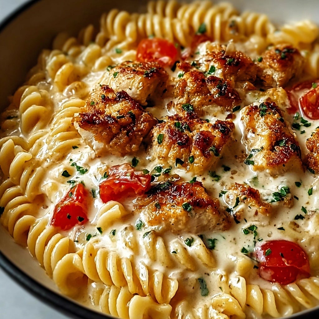 The image shows a close-up of a baked pasta dish in a white square baking dish. The pasta is curly and ridged, covered in a creamy light yellow cheese sauce that is golden and slightly browned on top. Small pieces of red tomato are scattered throughout, along with bits of green herbs that add a touch of color. The cheese has bubbled and formed a slightly crispy texture on some pasta edges, while other parts remain soft and creamy. The dish sits on a white marbled surface. photo taken with an iphone --v 7