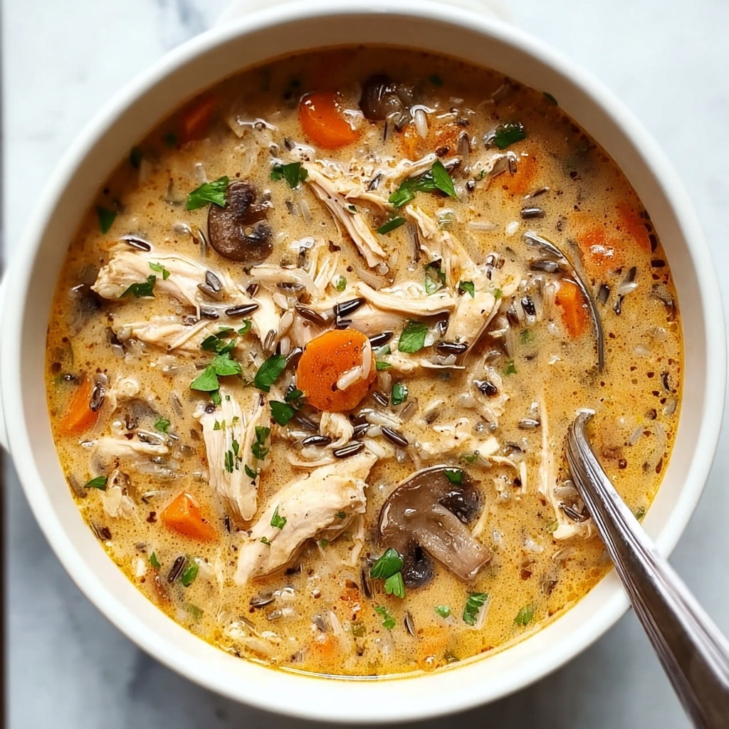 A white pot filled with creamy chicken soup is shown from above, with a thick light brown broth speckled with herbs. The soup contains large pieces of white shredded chicken scattered on top, mixed with orange carrot slices, thinly sliced brown mushrooms, and wild rice grains adding texture. Small green parsley leaves float on the surface, adding bright color contrast. A silver spoon rests inside the pot on the right side, partly submerged in the soup. The pot sits on a white marbled surface, enhancing the warm tones of the dish. Photo taken with an iphone --v 7