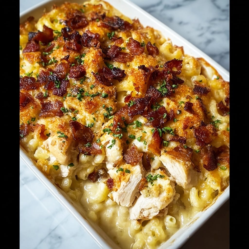 A white rectangular dish filled with a baked casserole showing three main layers: the bottom layer is a creamy, pale yellow macaroni and cheese with visible elbow pasta coated in sauce; the middle layer contains pieces of tender, white cooked chicken with a golden brown crust on some parts, placed scattered across the pasta; the top layer is a crispy, dark golden brown topping consisting of melted cheese and small chunks of browned bacon sprinkled with finely chopped green herbs, adding a pop of color. The dish is set against a white marbled surface. Photo taken with an iphone --v 7