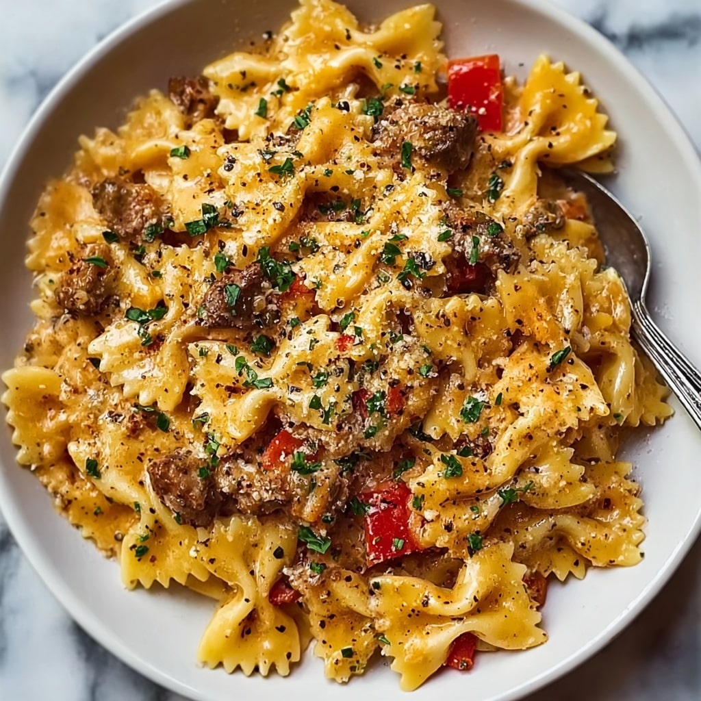 A close-up view of a white bowl filled with creamy pasta featuring bow-tie shaped noodles coated in a rich, light orange sauce. Mixed in are small pieces of browned ground meat, visible bits of red bell pepper, and finely chopped green herbs sprinkled on top. The sauce has a smooth, slightly thick texture, covering every piece of pasta evenly. A wooden spoon is scooping a portion of the pasta from the bowl, showing the thick creaminess and the mix of colors from the sauce, meat, noodles, and herbs. The bowl rests on a white marbled surface. photo taken with an iphone --v 7