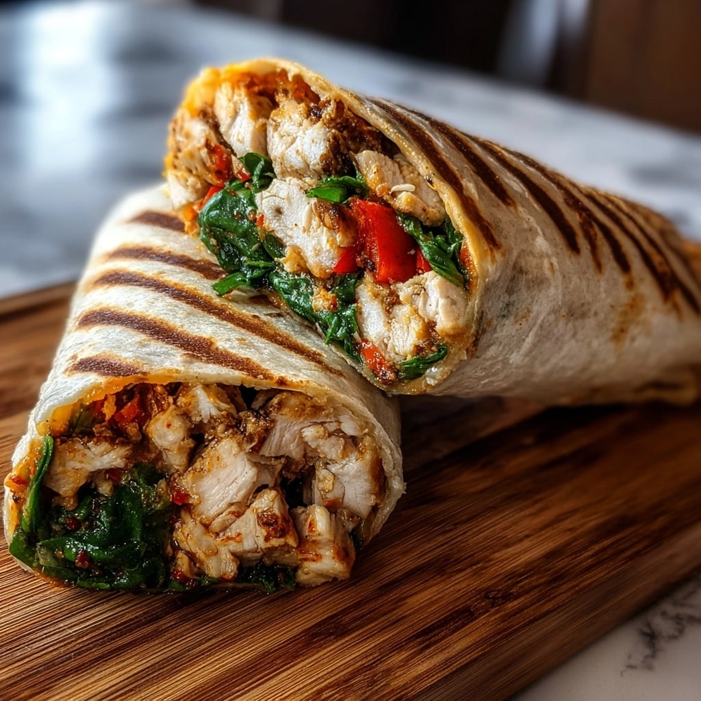 Two halves of a grilled wrap are placed on a wooden board with a white marbled background. Each wrap half shows three main layers inside: a soft, lightly browned tortilla on the outside, a middle layer of cooked white and golden-colored chicken pieces seasoned with red spices, and an inner layer of fresh, green leafy spinach mixed with small pieces of red bell pepper. The texture of the chicken is chunky and moist, contrasting with the crispness of the spinach, and the wrap's grill marks add a rustic touch. photo taken with an iphone --v 7