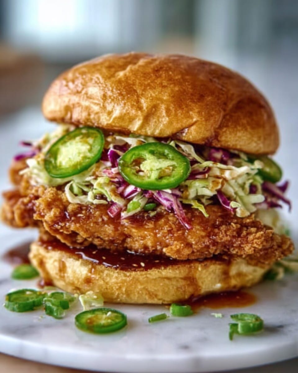 Large white plate displaying a whole fried chicken sandwich with a glossy golden brioche bun, thick crispy fried chicken fillet layered with fresh jalapeño slices, tangy herb-infused creamy sauce spread generously on the bottom bun, and a rich glossy drizzle of dark savory sauce cascading slightly over the edges, photographed at a 3/4 angle on a white marble countertop, natural lighting highlighting the textures and colors, professional food magazine hero shot, photo taken with an iphone --ar 4:5 --v 7