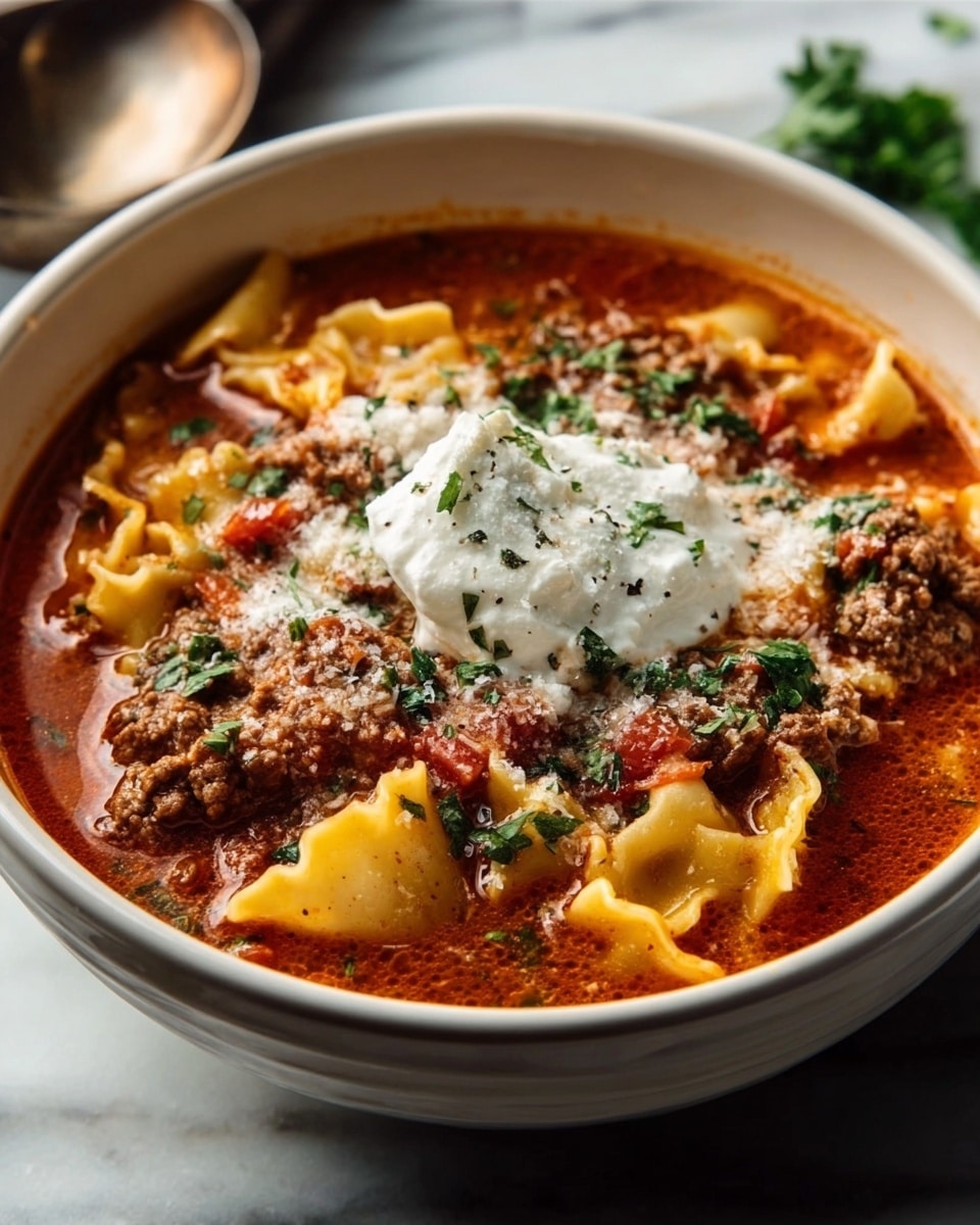 Large white bowl filled with a hearty full serving of lasagna soup, showcasing wide lasagna noodles immersed in rich tomato and meat sauce with ground beef, diced tomatoes, celery, and herbs, topped generously with a dollop of creamy ricotta cheese sprinkled with grated Parmesan and freshly chopped parsley, the entire bowl photographed from a 3/4 angle on a white marble countertop with natural lighting, styled as a professional hero food shot photo taken with an iphone --ar 4:5 --v 7