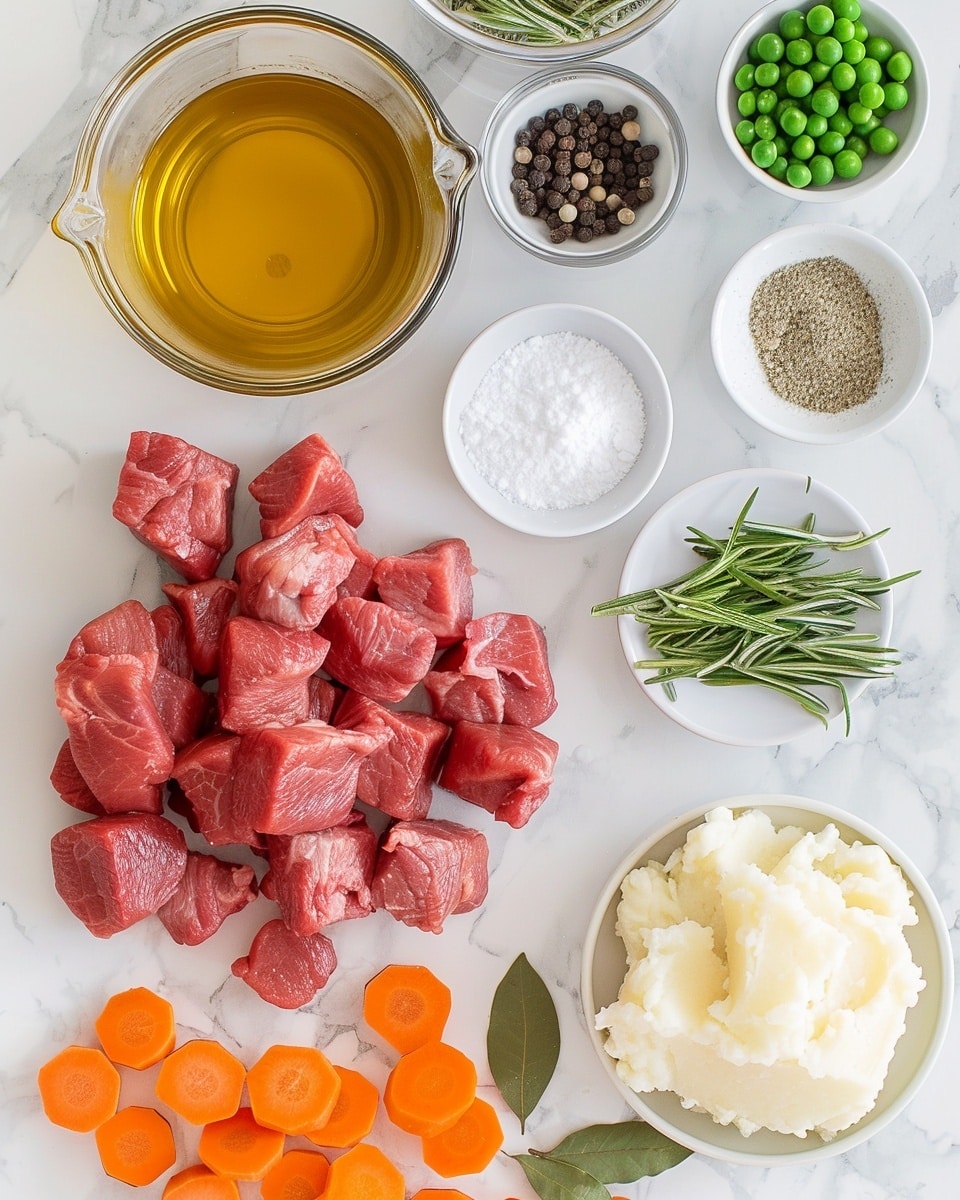 Single white bowl with a hearty serving of rich beef stew featuring tender chunks of beef, vibrant orange carrot pieces, and bright green peas, all immersed in a thick, glossy brown gravy, close-up angled shot revealing the glossy texture and generous portion, garnished with a sprig of fresh rosemary on top, placed on a white marble surface under natural lighting, styled like a cozy home-cooked meal photo taken with an iphone --ar 4:5 --v 7