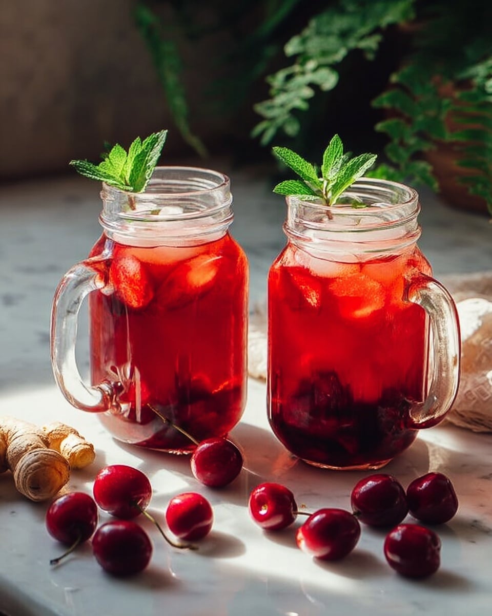 Two large white ceramic pitchers filled with vibrant cherry iced tea surrounded by fresh cherries and ginger roots, garnished with bright green mint leaves on top, placed on a white marble countertop, professional 3/4 angle food magazine style with natural lighting, whole scene captured in an inviting summer setting, photo taken with an iphone --ar 4:5 --v 7