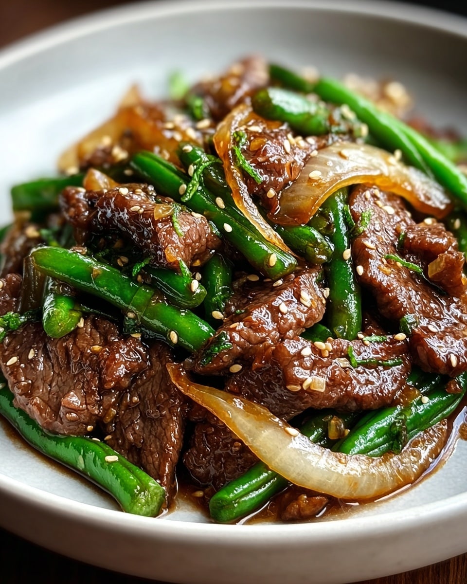 Large white serving bowl filled to the brim with vibrant beef stir-fry, showcasing tender strips of richly glazed beef, thick wedges of caramelized onions, and crisp bright green scallions, all glistening with savory sauce, presented as a whole generous portion from a 3/4 angle on a white marble countertop, illuminated by natural lighting, styled like a high-end food magazine hero shot, photo taken with an iphone --ar 4:5 --v 7
