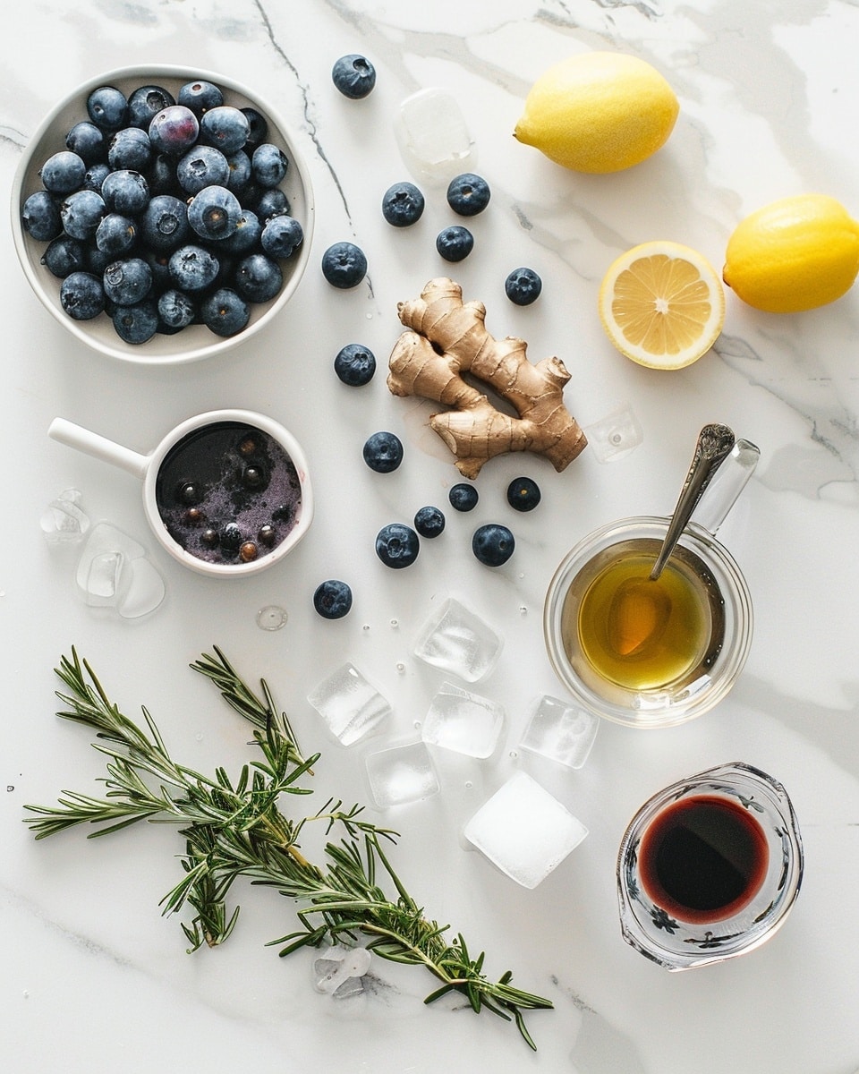 Single white glass filled with a vivid dark purple blueberry beverage over ice cubes, close-up angled shot capturing the textured glass surface and condensation, fresh blueberries and lemon slices artfully placed beside on a white marble surface, natural lighting accentuating the refreshing and crisp look, styled for a food blog presentation, photo taken with an iphone --ar 4:5 --v 7