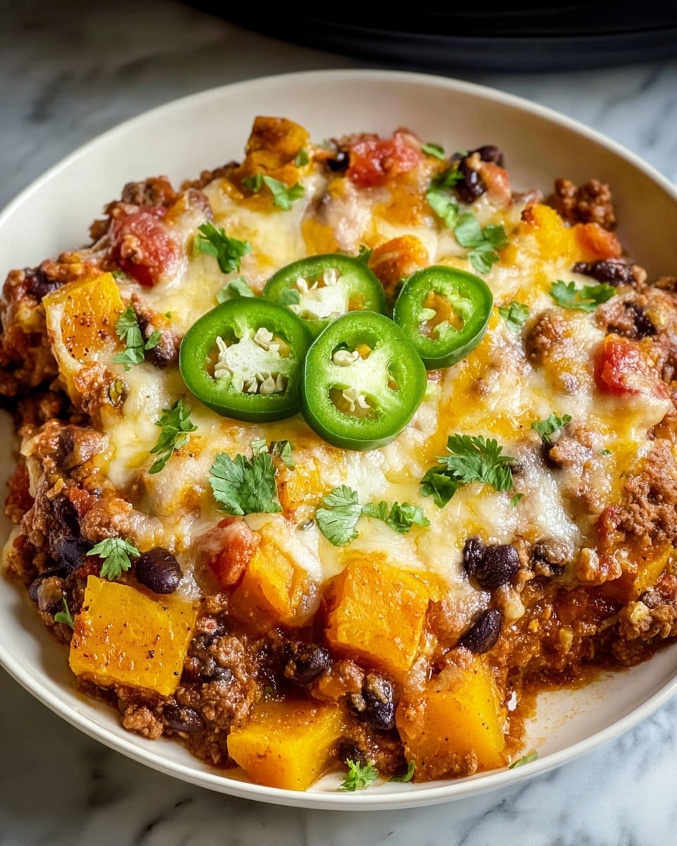 Large black slow cooker filled with a hearty chili casserole topped with melted cheddar and mozzarella cheese, garnished with sliced jalapeños, visible chunks of ground meat, kidney beans, corn, and diced tomatoes, whole dish presented in its cooking vessel, photographed from above on a white marble countertop with natural lighting, styled like a hero food magazine shot, photo taken with an iphone --ar 4:5 --v 7