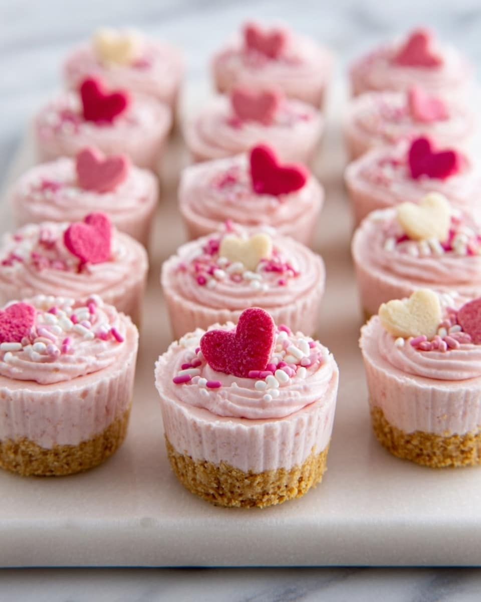 A large white serving platter showcasing a full batch of pink frosted mini cheesecakes, each topped with a variety of heart-shaped sprinkles and decorative candy pieces, arranged neatly in multiple rows to display the complete set. The cheesecakes feature a textured golden graham cracker crust at the bottom and smooth, creamy pink topping swirled precisely on top. The scene is captured from a professional 3/4 angle shot on a white marble countertop with natural lighting, styled like a hero food magazine photograph. Photo taken with an iphone --ar 4:5 --v 7