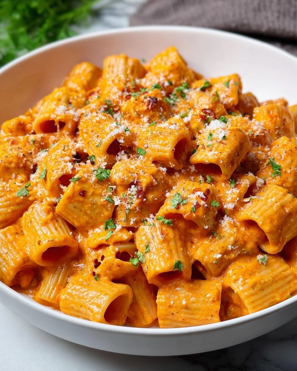 Large white serving bowl filled with rigatoni pasta coated thoroughly in creamy orange tomato sauce, garnished generously with freshly grated parmesan cheese and chopped parsley, whole dish presented on white marble surface with natural light highlighting the texture and colors, professional food magazine style hero shot photo taken with an iphone --ar 4:5 --v 7