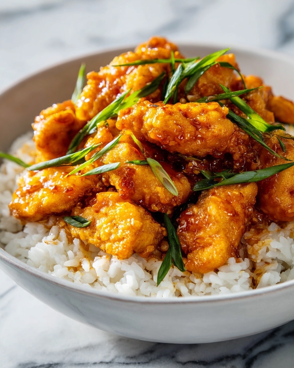 Large white skillet filled with a generous serving of golden, crispy chicken pieces coated in a glossy, thick brown sauce, interspersed with vibrant green scallions, whole dish presented in the cooking pan on a white marble countertop, naturally lit to highlight the rich textures and colors, professional food magazine hero shot, photo taken with an iphone --ar 4:5 --v 7