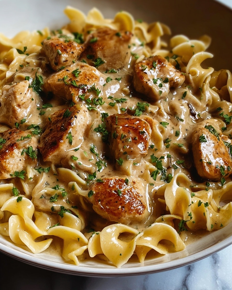 Large white serving pan filled with creamy chicken stroganoff featuring tender, golden seared chicken pieces nestled among bed of rich, velvety mushroom sauce-coated egg noodles, garnished with finely chopped fresh parsley, whole dish captured from a 3/4 angle on a white marble countertop with natural lighting, professional food styling photo taken with an iphone --ar 4:5 --v 7