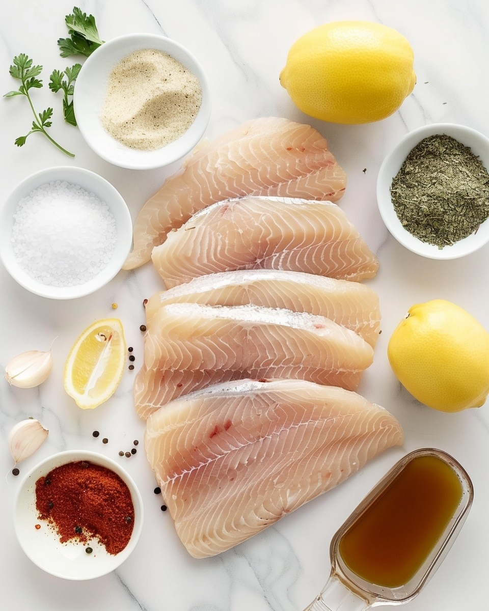 Single white plate with one portion of baked white fish fillet topped with a lemon slice, garnished with finely chopped herbs and red pepper flakes, bathed in a light golden garlic butter sauce, close-up angled shot highlighting the tender flaky texture of the fish and the vibrant sauce pooling around it, all set on a white marble surface, natural lighting emphasizing freshness and warmth, styled like an individual serving from a food blog, photo taken with an iphone --ar 4:5 --v 7