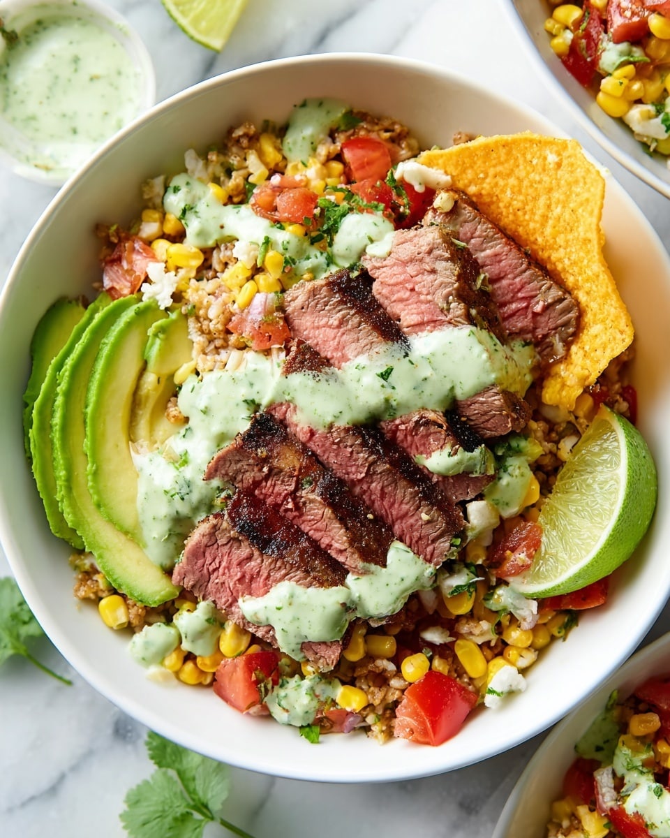 Large white ceramic serving bowl filled with a vibrant, whole grilled skirt steak burrito bowl, showcasing perfectly grilled corn on the cob pieces, fresh diced tomatoes, chopped cilantro, and creamy sliced avocado, generously drizzled with a bright green cilantro-lime sauce and garnished with lime wedges and crispy tortilla chips on the side, all presented on a white marble background with natural lighting, styled as a professional food magazine hero shot, photo taken with an iphone --ar 4:5 --v 7