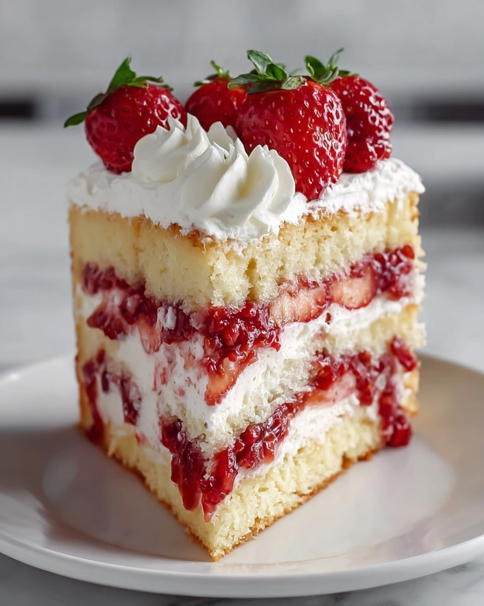 Whole three-layer strawberry shortcake on a pristine white plate, featuring moist golden sponge cake layers stacked high with fluffy whipped cream and fresh strawberry slices and strawberry glaze between each layer, topped with decorative swirls of whipped cream and whole ripe strawberries, photographed at a 3/4 angle with bright natural lighting on a white marble countertop, styled as a hero food magazine shot, photo taken with an iphone --ar 4:5 --v 7