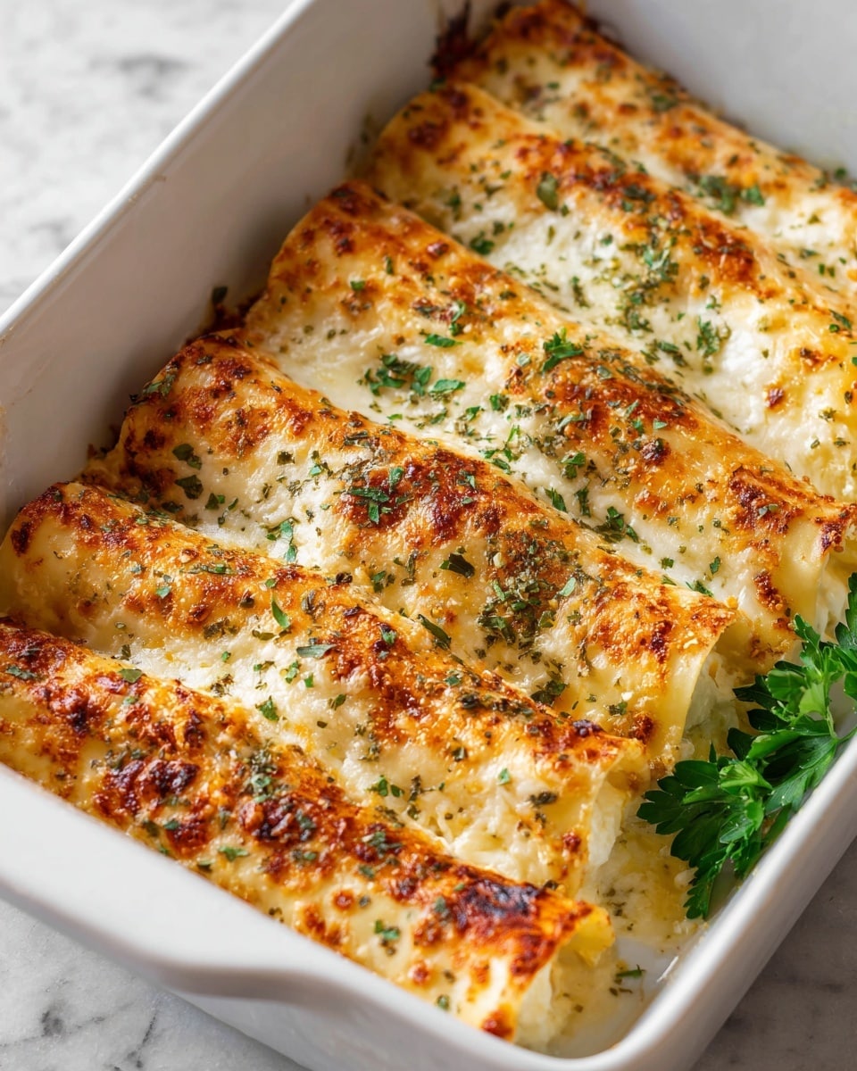 Long white rectangular baking dish filled with a full batch of golden-brown baked cheese-stuffed manicotti pasta, each tube generously coated with melted cheese and sprinkled with dried Italian herbs, arranged neatly side by side, garnished with fresh parsley sprigs on the side, photographed at a 3/4 angle on a white marble countertop with natural lighting, professional food magazine style photo taken with an iphone --ar 4:5 --v 7