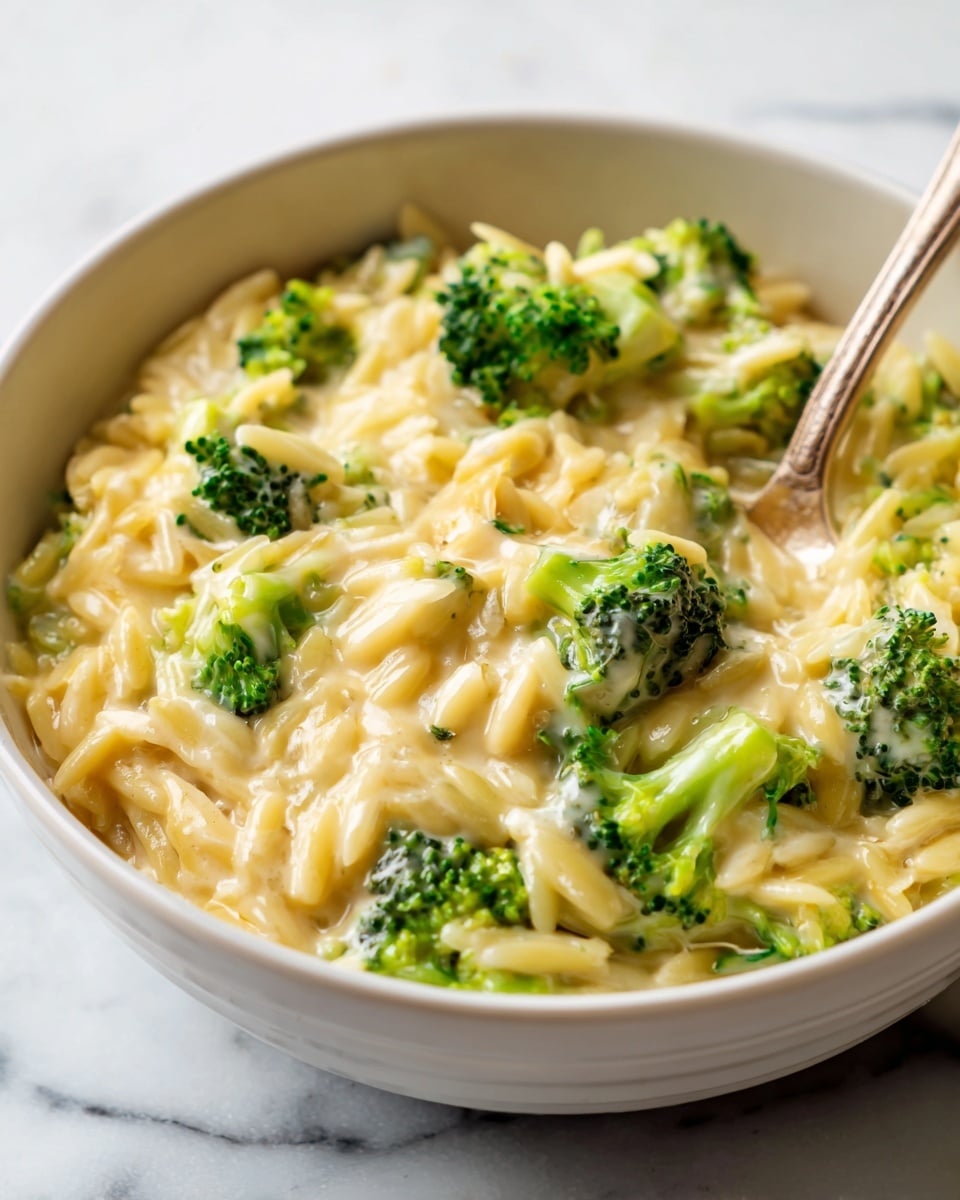 Large white ceramic bowl filled with creamy broccoli and cheesy rice or orzo pasta, generously mixed with tender broccoli florets throughout the rich, smooth melted cheese sauce, the entire dish shown from a close 3/4 angle perspective on a white marble countertop with natural lighting, styled as a professional hero shot from a food magazine, photo taken with an iphone --ar 4:5 --v 7
