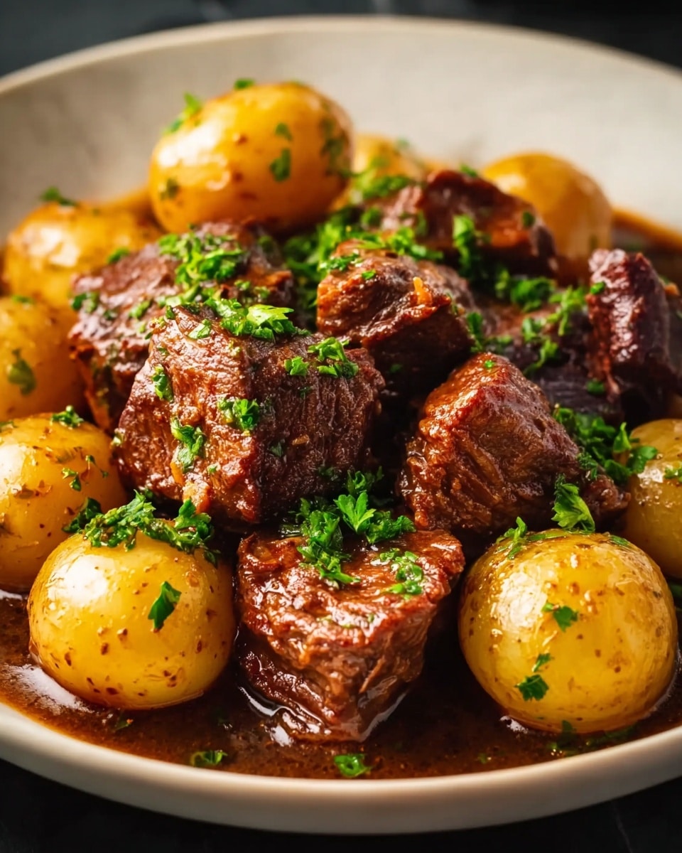 Large white serving bowl filled with an abundant stew of tender, richly spiced beef chunks and golden baby potatoes, all beautifully coated in a glossy, aromatic sauce speckled with fresh green herbs and red chili flakes, the whole dish arranged to showcase its hearty and comforting appeal, photographed from a 3/4 angle on a white marble countertop, natural lighting highlighting the vibrant colors and textures, professional food styling photo taken with an iphone --ar 4:5 --v 7