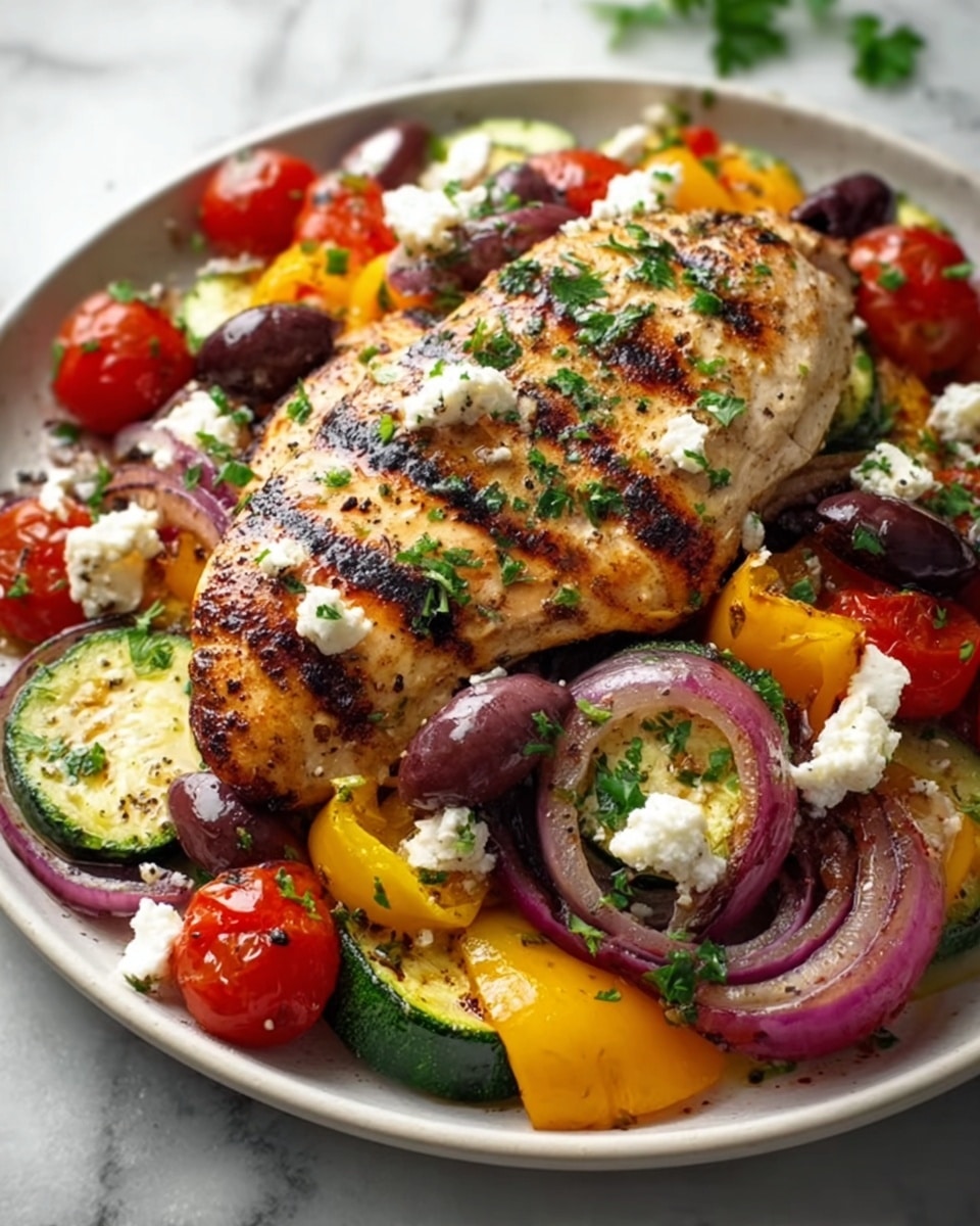 Large white serving bowl filled with several portions of grilled seasoned chicken thighs, layered on a bed of fluffy white rice, vibrant roasted red and yellow bell peppers, juicy roasted cherry tomatoes, sprinkled generously with crumbled fresh feta cheese and chopped fresh parsley, whole dish captured in a professional 3/4 angle food magazine style photograph with natural lighting on a white marble background, photo taken with an iphone --ar 4:5 --v 7