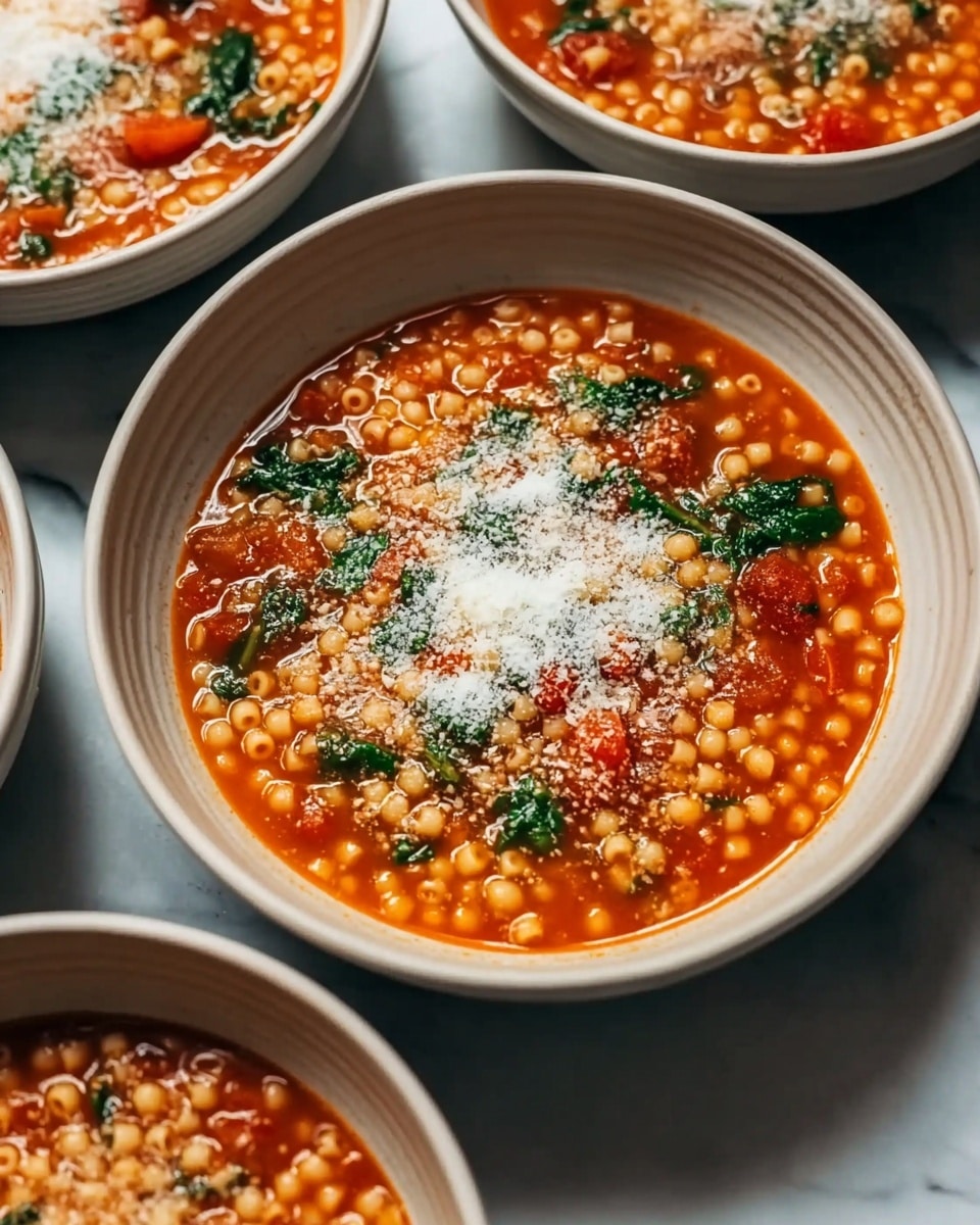 Large white ceramic bowls filled with rich tomato-based soup loaded with small pearl pasta, fresh spinach leaves, diced tomatoes, and sprinkled with finely grated Parmesan cheese, multiple bowls arranged neatly on a white marble countertop under soft natural lighting, styled as a comforting and hearty meal perfect for sharing, professional food magazine hero shot, photo taken with an iphone --ar 4:5 --v 7
