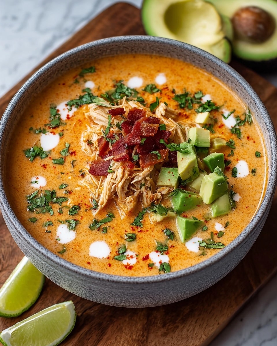 A large speckled gray bowl filled with a creamy orange soup, topped with shredded chicken pieces in the center, finely chopped green cilantro scattered over, small chunks of bright green avocado arranged beside the chicken, and bits of crispy red bacon on top. White cream droplets are swirled lightly into the soup surface, adding texture. The bowl sits on a wooden board with three lime wedges beside it and halved avocado in soft focus in the background over a white marbled surface. Photo taken with an iphone --ar 4:5 --v 7