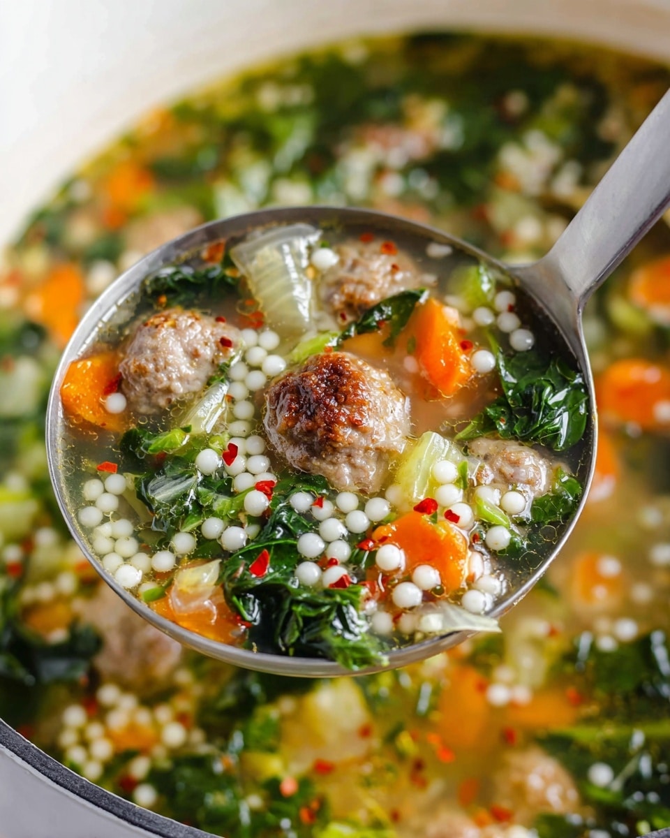 A close-up view of a silver ladle full of soup held over a white marbled pot. The ladle shows three layers: at the bottom, small white pearl-like pasta; above that, bright orange carrot slices and green leafy vegetables; on top, small browned meatballs mixed with translucent onion pieces and celery. The soup broth is clear with herbs and tiny red flakes scattered throughout, giving a fresh and colorful look. The white pot is partially visible, filled with the same soup layers. photo taken with an iphone --ar 4:5 --v 7