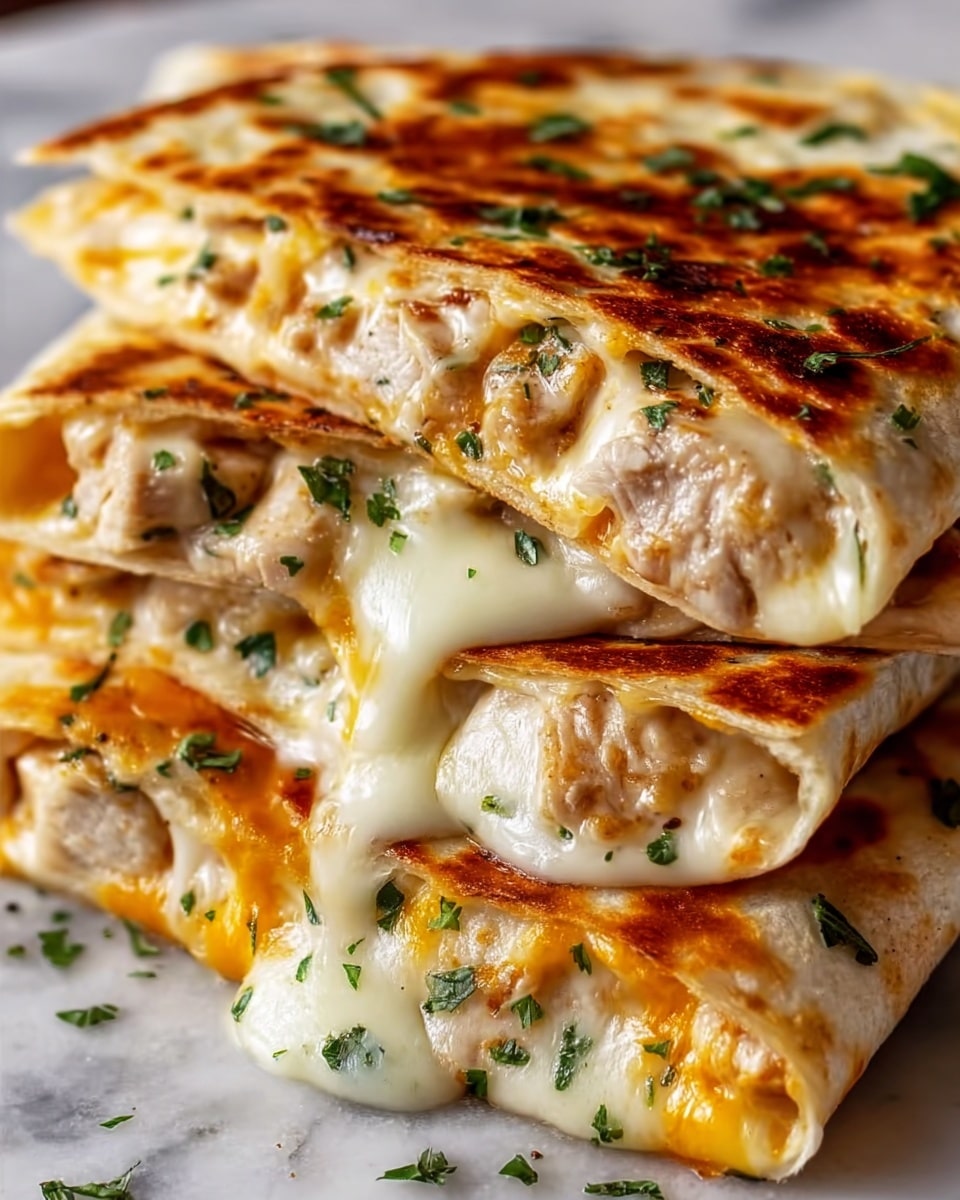 A close-up of a stack of four grilled quesadilla quarters, each showing three layers: a golden brown crispy tortilla on the outside, a middle layer of melted white and yellow cheese stretching between the tortillas, and a layer of tender, light brown cooked chicken pieces mixed inside. Fresh green chopped herbs are sprinkled on top of the stack and around it, adding a pop of color. The quesadillas rest on a dark surface with a white marbled texture softly visible in the background. Photo taken with an iphone --ar 4:5 --v 7