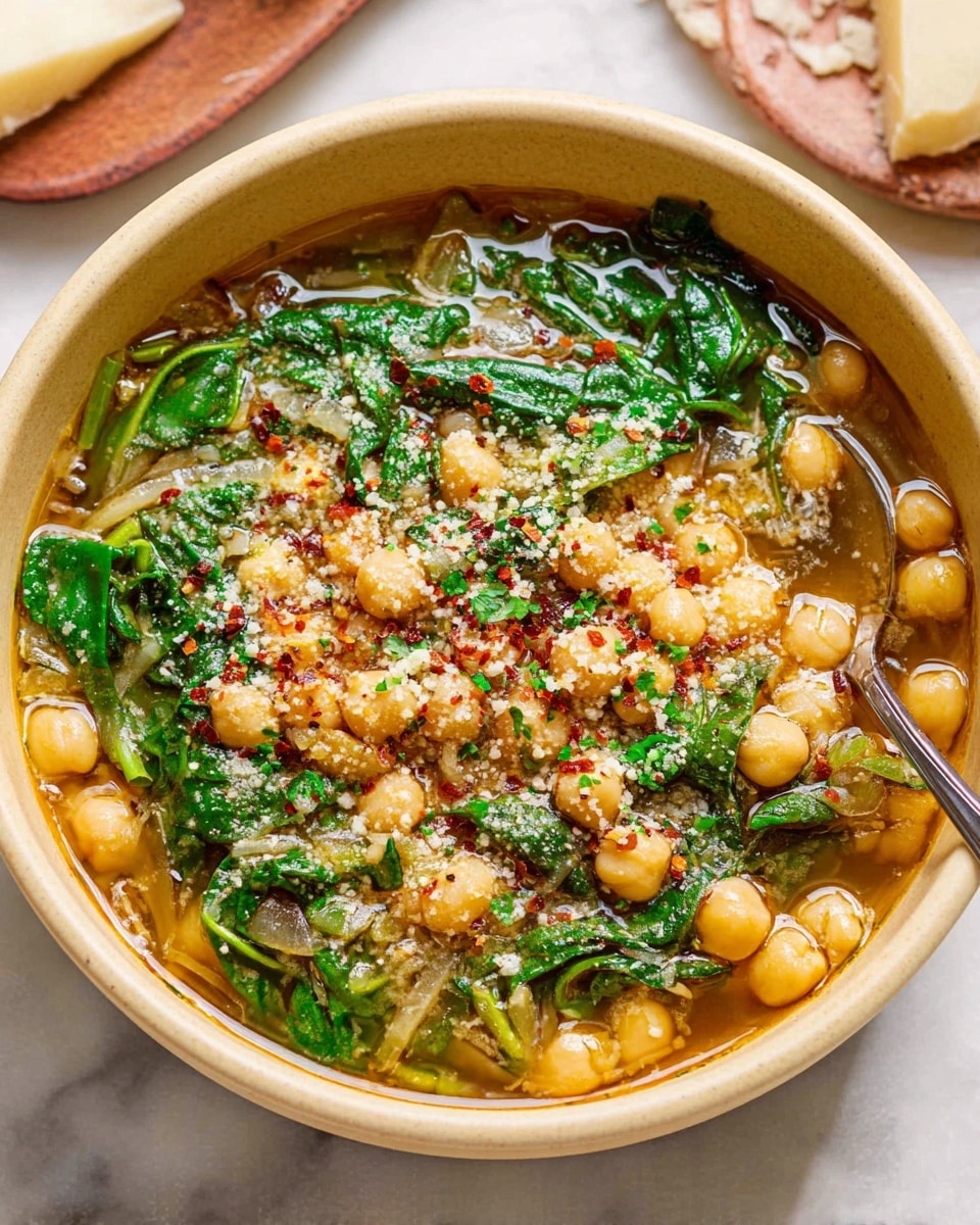 A beige bowl filled with three main layers visible: the bottom layer is a clear light brown broth, the middle layer consists of soft cooked yellow chickpeas and translucent pieces of onion, and the top layer shows fresh wilted spinach leaves with small bits of chopped parsley, red pepper flakes, and finely grated cheese sprinkled over everything, a metal spoon rests inside the bowl on a white marbled surface with a piece of cheese and another item partially visible in the background photo taken with an iphone --ar 4:5 --v 7