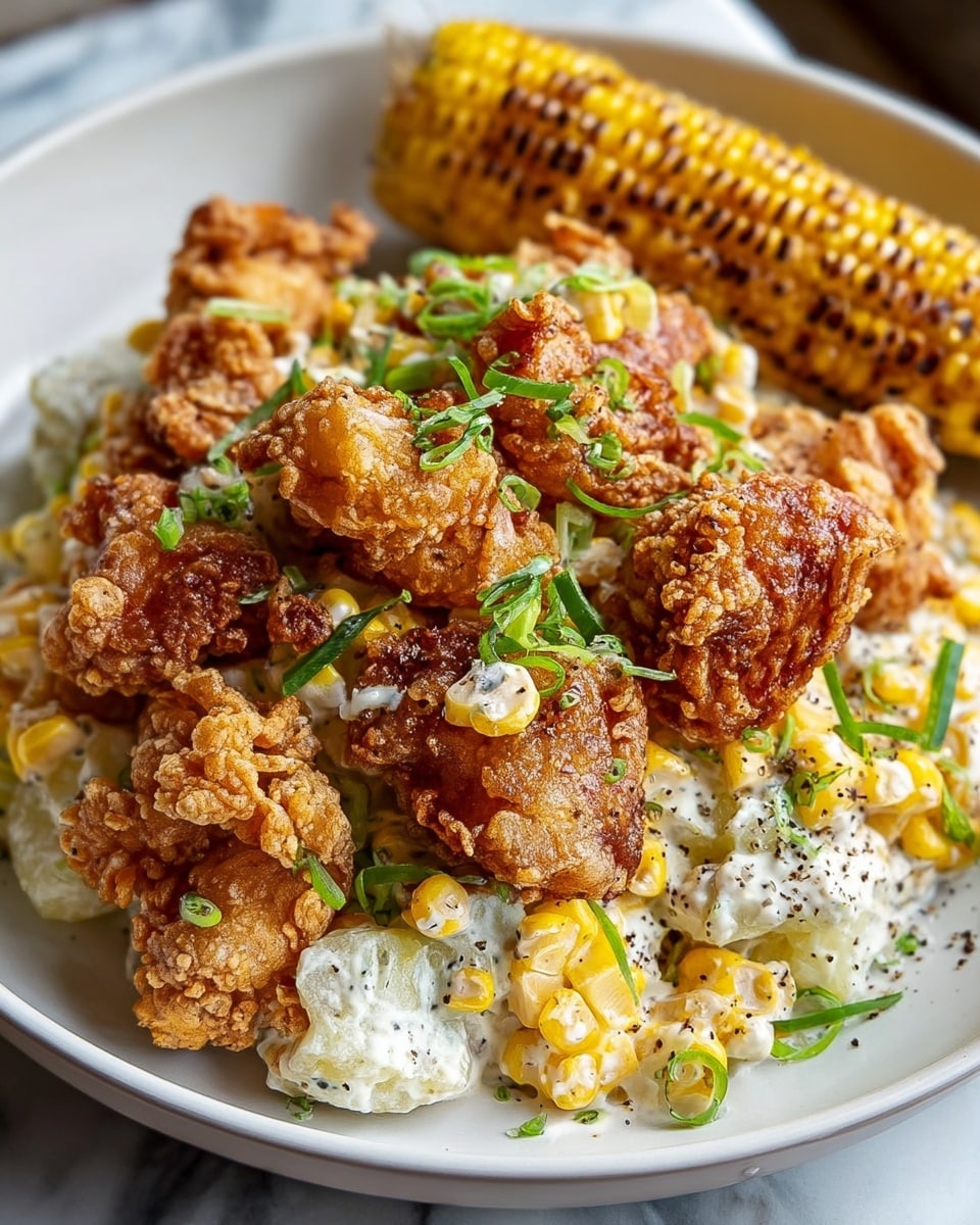 The dish shows a white plate filled with a creamy potato salad mixed with yellow corn kernels and finely chopped green onions. On top, there are many pieces of crispy, golden brown fried chicken with a textured, patterned crust. The potato salad is white and smooth with specks of black pepper, sitting under the fried chicken pieces unevenly spread over the top. There is also a grilled ear of corn with golden char marks placed on the side of the plate. The plate sits on a white marbled surface. photo taken with an iphone --ar 4:5 --v 7