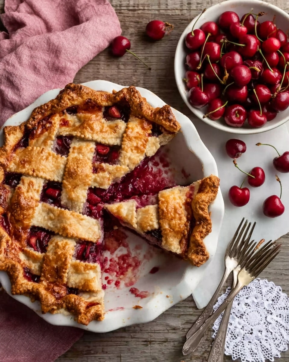A white scalloped pie plate holds a partially sliced cherry pie with a golden brown lattice crust on top. The crust is thick with crimped edges, revealing a deep red cherry filling beneath with visible fruit pieces. The pie sits on a rustic wooden surface with a soft pink cloth on the upper left side. To the top right, a white bowl is full of fresh red cherries with stems. Below the bowl are two silver forks placed parallel on the white marbled surface. A white doily peeks in at the bottom right corner. The scene is lit softly to highlight the textures and colors of the pie and cherries. Photo taken with an iphone --ar 4:5 --v 7
