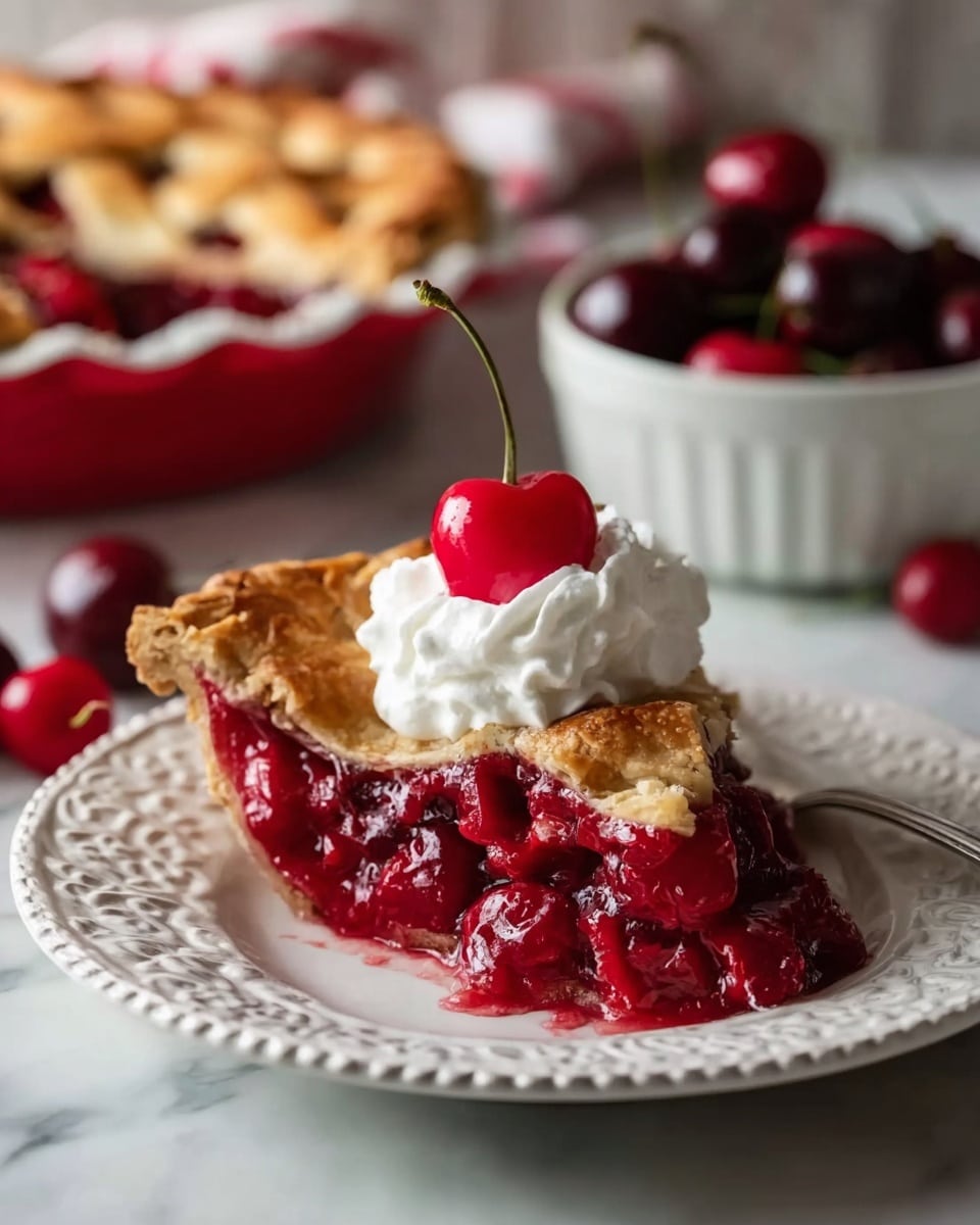 A slice of cherry pie sits on a white plate with a detailed rim pattern. The pie has several layers: the bottom and sides are a golden-brown crust, filled with bright red cherry filling that looks juicy and slightly thick. The top crust is golden with thin strips showing the cherry filling underneath. On top of the slice, there is a dollop of white whipped cream and a bright red cherry with a green stem resting on the cream. In the background, a white bowl filled with dark cherries and a red pie dish with more pie can be seen, all placed on a white marbled surface. photo taken with an iphone --ar 4:5 --v 7