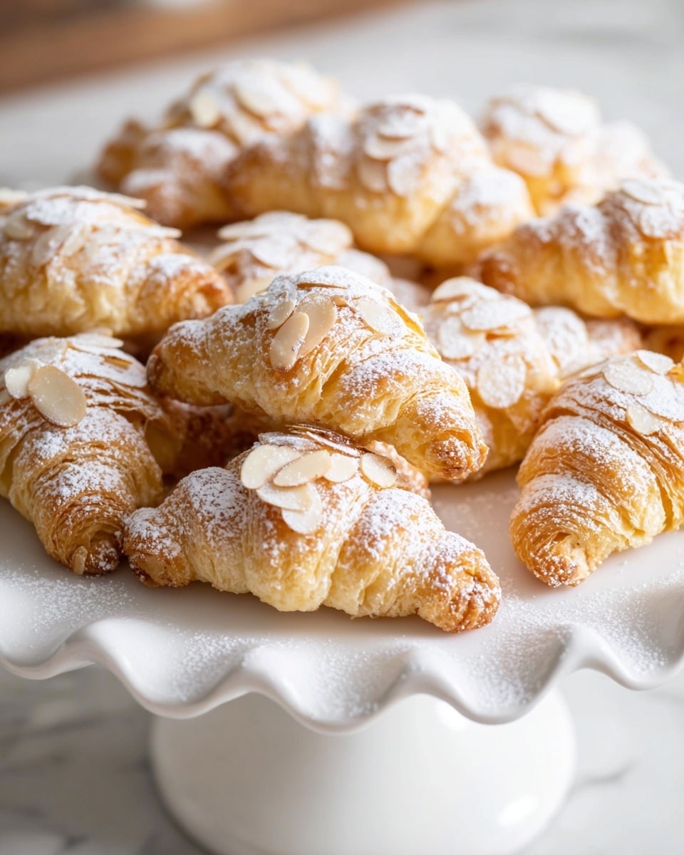 A close-up of golden croissants covered with thin, white almond slices and a light dusting of white powdered sugar. The croissants have clear, layered, flaky textures with a soft, slightly shiny surface from baking, and their shape is slightly curved and tapered at the ends. They are placed on a clear, wavy glass tray that sits on a white marbled texture surface, giving a fresh and clean look. The background is softly blurred, showing more croissants of the same kind, keeping the focus on the front croissant photo taken with an iphone --ar 4:5 --v 7