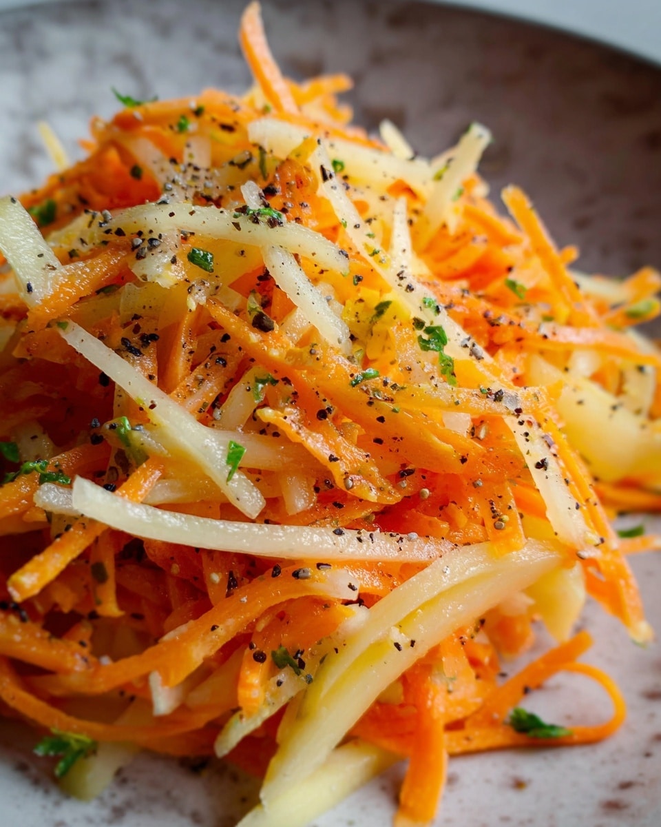 The dish shows a close-up of thin, orange carrot strips layered closely together with pale, rectangular pieces of cheese or vegetable scattered throughout. Small green herb leaves are mixed in, adding bits of green color. The top is sprinkled with coarse black pepper and white salt crystals, creating a textured look. The background is a white marbled surface. photo taken with an iphone --ar 4:5 --v 7