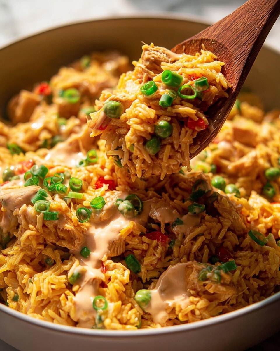 A large white pot filled with a rich yellow-orange rice dish mixed with small pieces of cooked chicken and red pepper bits, topped with slices of green onions and light pink sauce drizzled unevenly over the rice. A wooden spoon lifts a portion of the rice, showing the fluffy texture and colorful ingredients. The pot sits on a white marbled surface with a folded brown cloth nearby. photo taken with an iphone --ar 4:5 --v 7