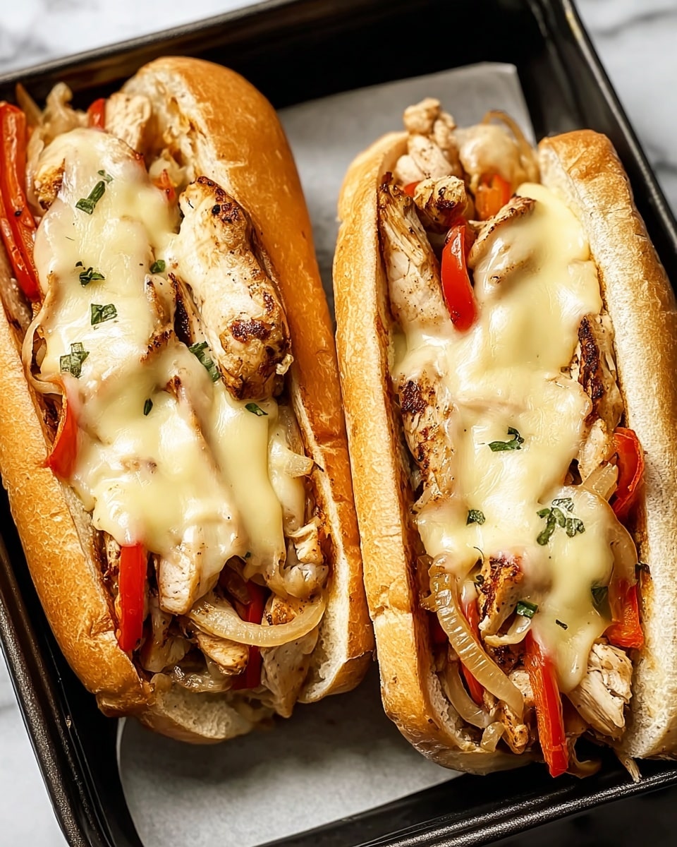 Two white hoagie rolls are open and filled with grilled light brown chicken pieces, slices of cooked red bell peppers, and tender, translucent cooked onions. Each sandwich is topped with melted creamy yellow cheese that is slightly thick and forms a smooth layer over the chicken and vegetables. The sandwiches sit side by side in a rectangular black pan, placed on a white marbled surface. Some small green herb pieces are sprinkled on top of the cheese. The photo taken with an iphone --ar 4:5 --v 7
