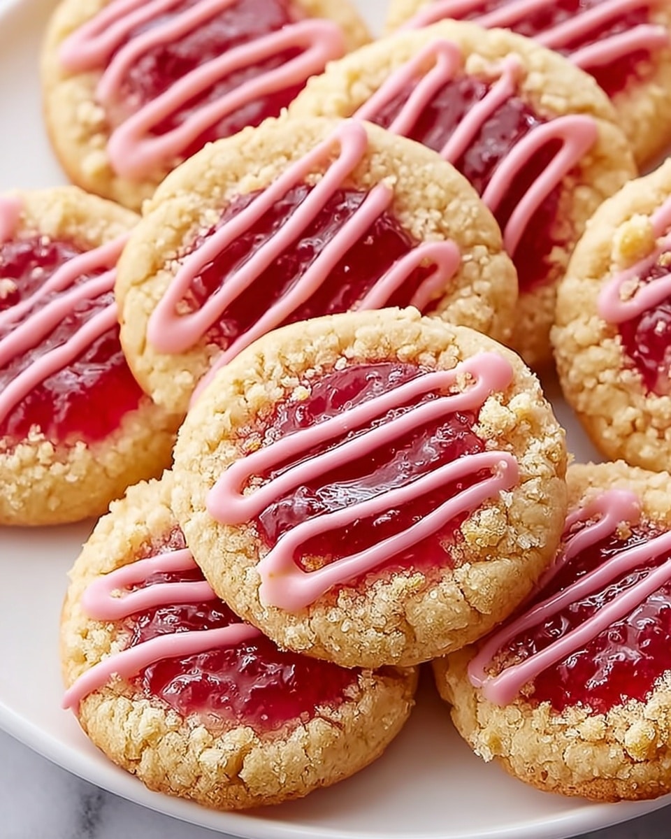 Two round cookies stacked on a white plate on a white marbled texture. Each cookie has a crumbly golden base layer. On top of the base, there is a visible red jam layer with small fruit pieces. Over the jam, there is a light sprinkle of crumbly topping. The top of each cookie is decorated with thick diagonal lines of smooth pink glaze. The scene is close up, showing texture and color clearly. photo taken with an iphone --ar 4:5 --v 7