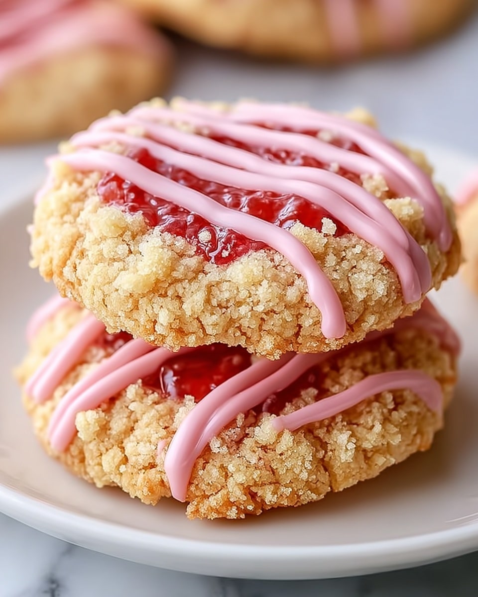 The image shows round cookies arranged closely on a white plate placed on a white marbled surface. Each cookie has a crumbly, golden brown base with a rough texture. On top of the base is a thick, shiny red jelly layer in the center. Over the jelly, there are small clusters of light beige crumbs scattered. Pink icing is piped in five smooth, thick diagonal lines across the top of each cookie, adding a glossy finish and bright color contrast. The cookies have a soft, homemade look with uneven edges. Photo taken with an iphone --ar 4:5 --v 7