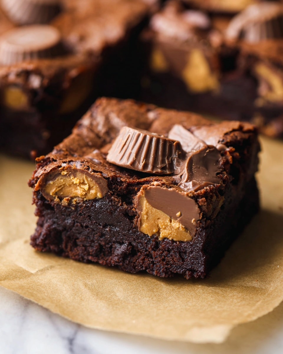 This image shows a square metal pan lined with brown parchment paper filled with a dense, dark chocolate brownie base. The top layer is scattered with many halved mini peanut butter cups, displaying the light tan peanut butter center and smooth milk chocolate coating, some pieces slightly melting into the warm brownie surface. The brownie has a rich, slightly cracked texture visible under the chocolate candies. The pan is placed on a white marbled surface. Photo taken with an iphone --ar 4:5 --v 7