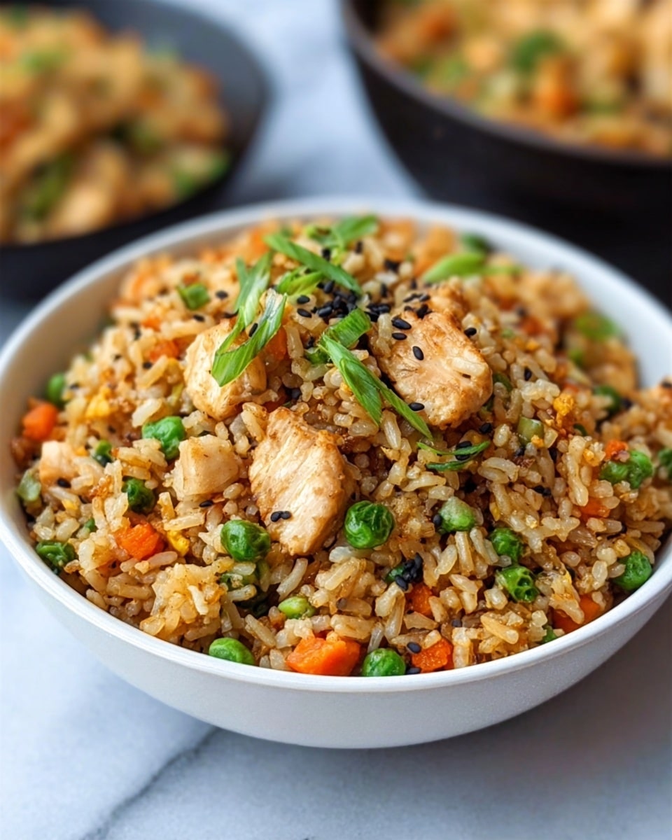 The image shows a bowl filled with fried rice that has several layers and colors. The bottom layer is white rice mixed with small orange carrot pieces and light brown chicken chunks. On top, there are green chopped herbs and black sesame seeds sprinkled evenly. The bowl is white and sits on a wooden board, with the background showing a blurred white marbled surface with some green herbs and spices out of focus. The lighting makes the dish look warm and inviting. Photo taken with an iphone --ar 4:5 --v 7