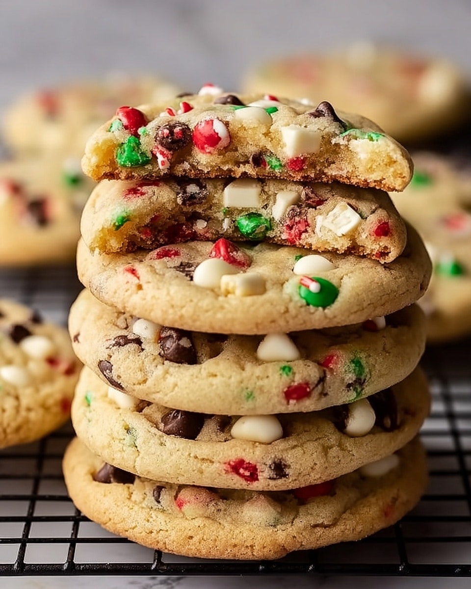 A stack of five round cookies sits on a black cooling rack over a white marbled surface, with the top cookie bitten to show its soft inside. Each cookie is light golden brown with a slightly cracked texture. They are filled with white chocolate chunks, dark chocolate chips, and small red and green candy pieces that are evenly spread throughout. The layers show the colorful candies embedded within, with melted dark chocolate mostly near the bottom edges. The top cookie’s bite reveals a soft inside with visible white chocolate and dark chocolate bits. Photo taken with an iphone --ar 4:5 --v 7