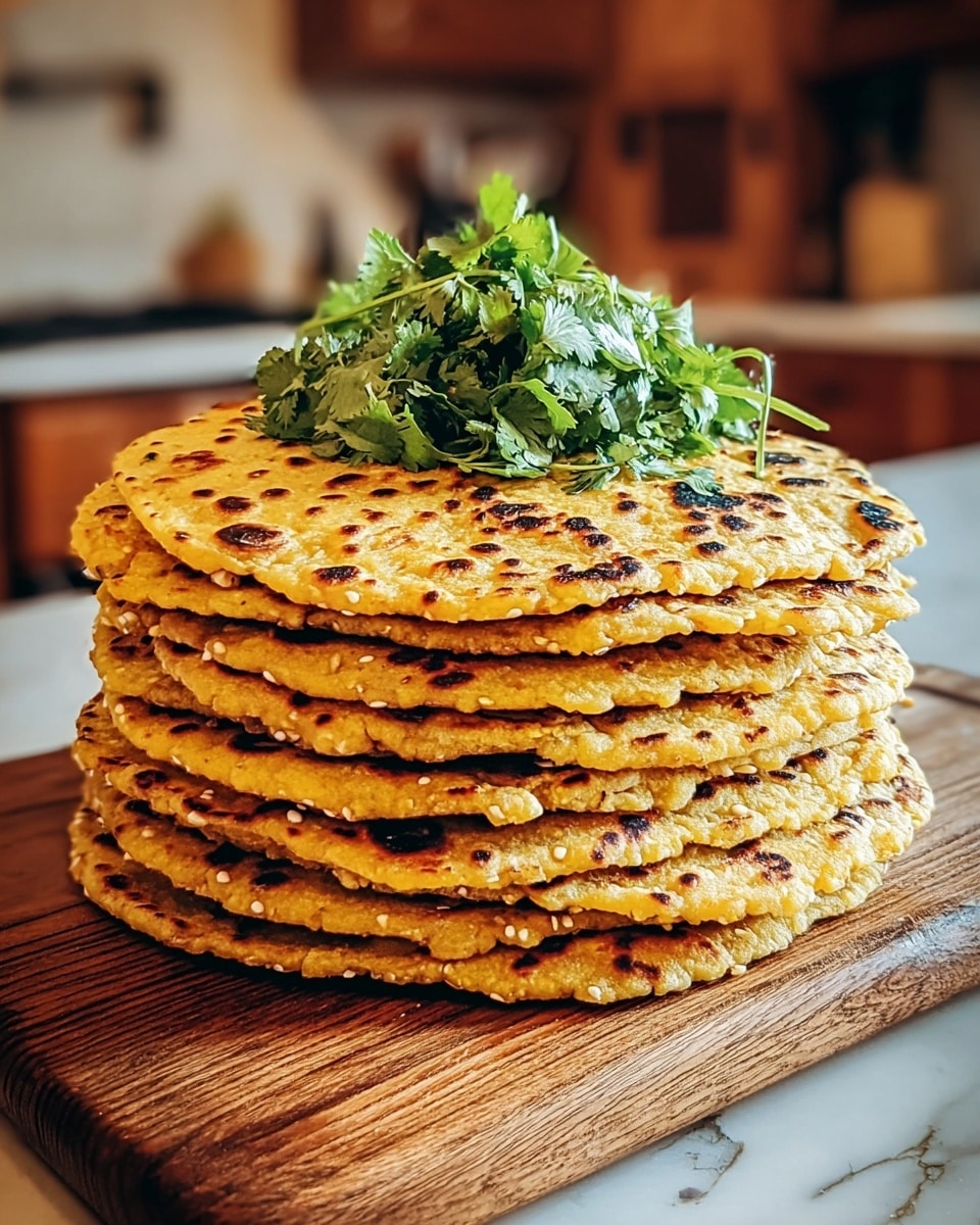 A stack of seven round, flat yellowish breads with small brown and red seeds embedded in them, each layer showing a slightly uneven texture with browned spots from cooking; the breads are slightly thick and soft with rough edges. On top of the stack is a small pile of fresh green leafy herbs adding a bright color contrast. The stack sits on a white marbled surface. Photo taken with an iphone --ar 4:5 --v 7