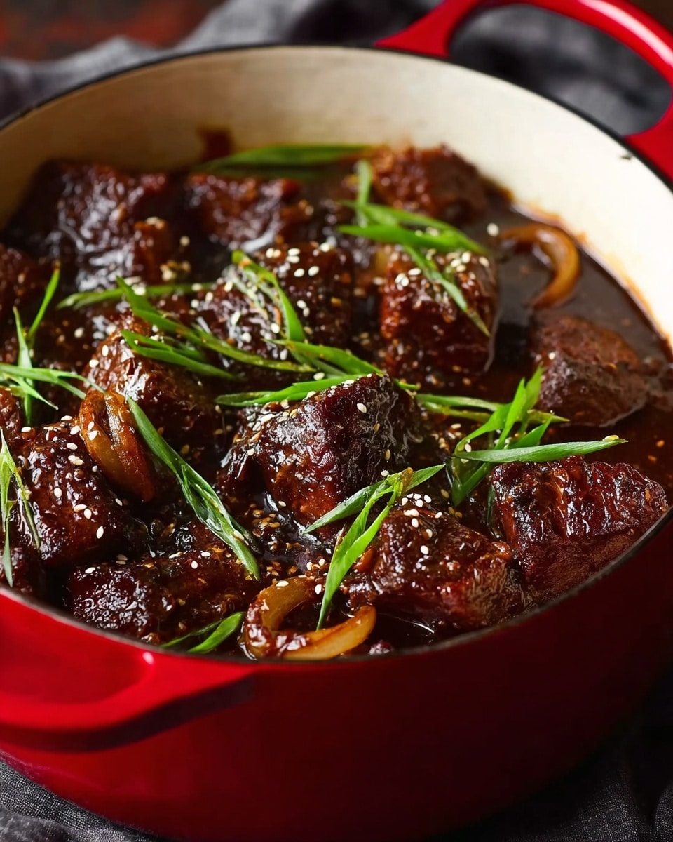 A close-up of dark brown meat chunks in a shiny, rich sauce inside a red pot with a white inside. The thick sauce covers most of the meat, showing crispy edges on some pieces. Bright green sliced scallions are spread on top, along with small white sesame seeds. Thin cooked onion slices are mixed in the sauce. The pot is set on a dark fabric with a white marbled textured surface in the background. photo taken with an iphone --ar 4:5 --v 7