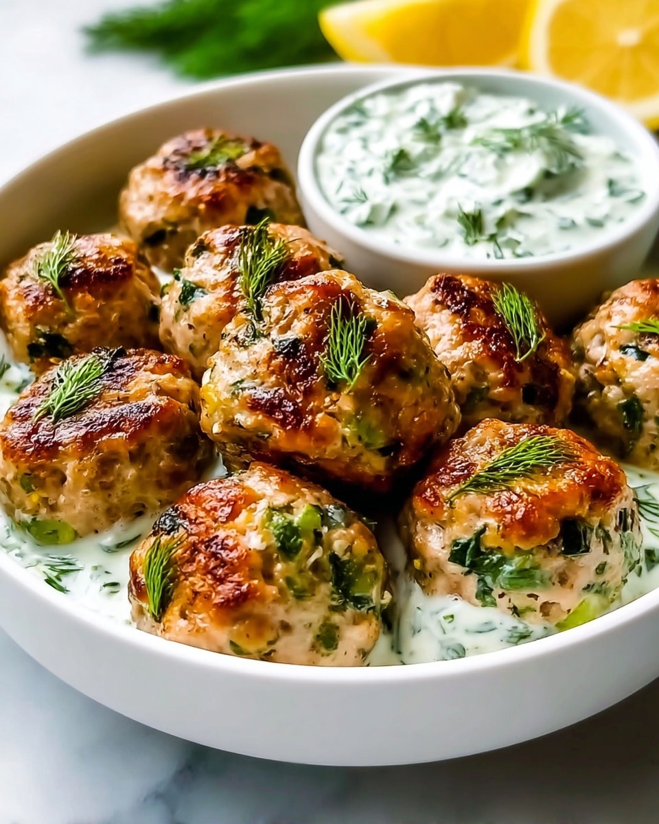 A white bowl filled with nine round browned meatballs arranged in a circular pattern over a bed of green herbs. On one side of the bowl, there is a thick scoop of white creamy sauce mixed with small green herb pieces. Beside the sauce, three small bright red cherry tomatoes and three thin yellow lemon slices are placed. The bowl rests on a surface with a white marbled texture. A woman's hand is partly visible holding the bowl from the edge. Photo taken with an iphone --ar 4:5 --v 7