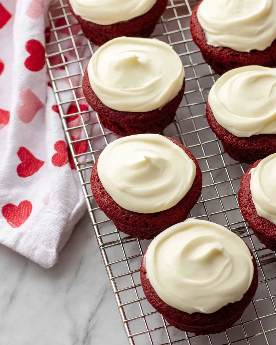 The image shows six round red velvet cookies arranged on a metal cooling rack placed on a white marbled surface. Each cookie has one thick layer of rich, creamy white frosting spread in a swirled pattern, covering the top completely. The red cookie base has a slightly textured, soft appearance with small cracks visible, contrasting with the smooth, fluffy frosting on top. A white cloth with red heart shapes is partially visible on the left side of the image. Photo taken with an iphone --ar 4:5 --v 7