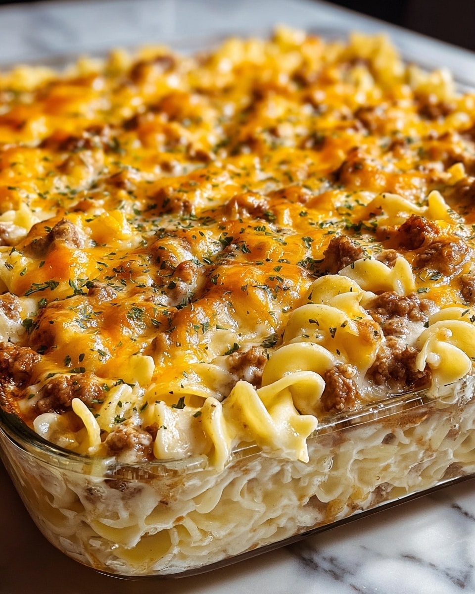 The image shows a layered casserole in a clear glass baking dish, placed on a white marbled surface. The bottom layer is a creamy white sauce mixed with noodles. Above this is a thick layer of cooked ground meat in a brown color. The top layer consists of curly noodles covered with a bright orange melted cheese, sprinkled evenly with dried green herbs. The layers are visually distinct and the cheese layer has a shiny, smooth texture with herbs scattered on top. Photo taken with an iphone --ar 4:5 --v 7