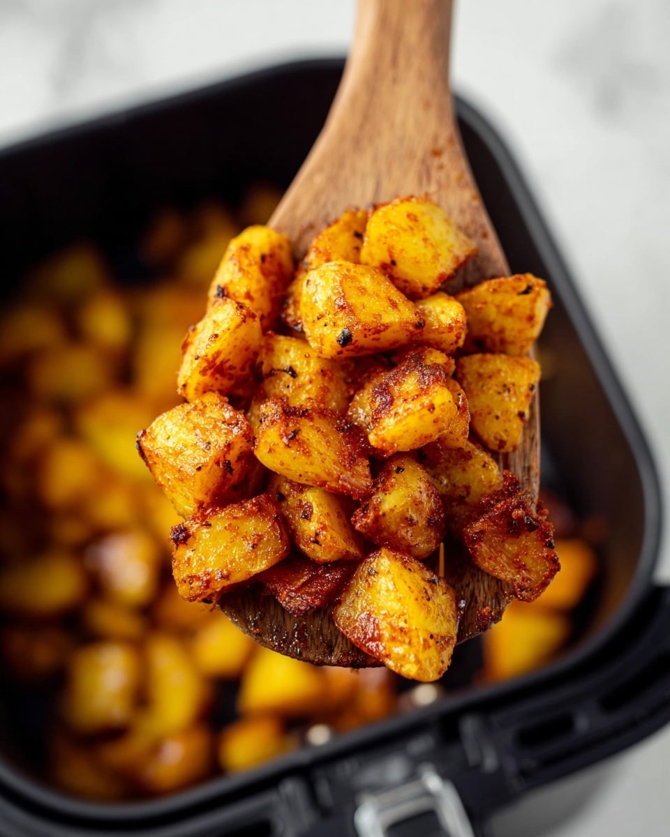 A close-up of a wooden spatula holding small, golden brown roasted potato pieces, each showing a crispy, slightly charred outer layer with a mix of smooth and rough textures from spices, with a black air fryer basket blurred in the background and a white marbled surface underneath, photo taken with an iphone --ar 4:5 --v 7
