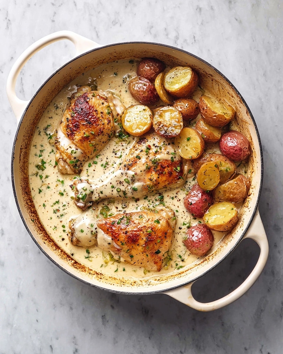 A large round pot filled with three browned chicken breasts placed side by side, each topped with a glossy, creamy white sauce and sprinkled with small green herb bits and black pepper. To the left of the chicken, there are many small round halves of golden and red-skinned roasted potatoes, seasoned with herbs and pepper, slightly soaked in the creamy sauce that covers the bottom of the pot. The pot's inside wall shows a golden brown residue from cooking. The whole scene is placed on a white marbled texture surface. Photo taken with an iphone --ar 4:5 --v 7