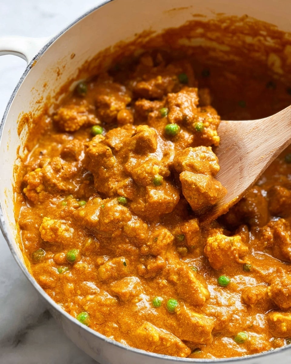A close-up view of a large white pot filled with thick orange-brown curry sauce, mixed with chunks of light brown meat, small green peas, and pieces of cauliflower. A wooden spoon lifts a portion, showing the chunky and creamy texture of the curry, with the sauce coating each ingredient richly. The pot sits on a white marbled surface, adding brightness to the warm colors of the dish. photo taken with an iphone --ar 4:5 --v 7